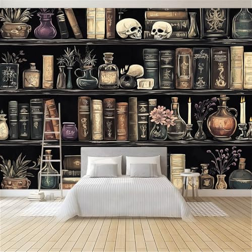 Photo Wallpaper Retro Style Old Bookshelf Books Skull Murals, Black Wall Mural Photo Wallpaper, 400 x 280 cm Wallpaper Mural Wall Art for Living Room Bedroom Children's Room Corridor