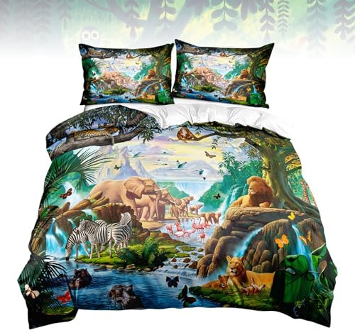 TIVUNORON Bettwäsche für Jungen 135x200, 3 Pcs Tierreich Bettwäsche Set für Jungen, Cartoon-Tier Bettbezug und Kopfkissenbezug, Kinder Mikrofaser Bettwäsche-Sets Waldtiere, mit Reißverschluss (B)