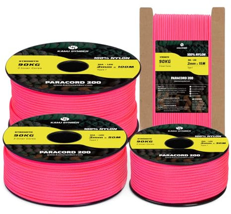 Kamu Synber Paracord 2mm 3 Strands 15M 100% Nylon Rope Type I Parachute Cord for Craft, Outdoor, DIY, Camping | Support 90kg | Neon Pink