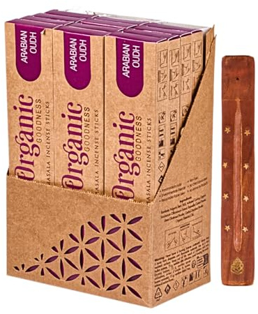 Organic Masala Indische Räucherstäbchen Set - 12 x Arabian Oudh - Big Box mit Räucherstäbchenhalter aus Holz und Duftproben - Song of India