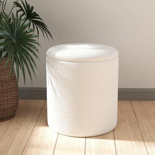 Ottoman Poufs with Storage,Soft Upholstered Vanity Stool,Multifunctional Ottomans Coffee Table Padded Seat Foot Rest for Living (White, M)