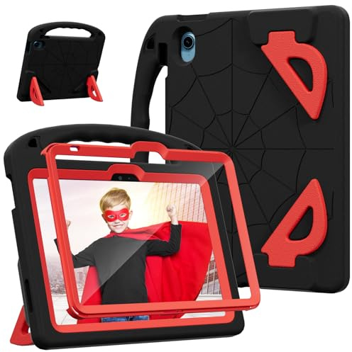 LKOOZO Kids Case for iPad A16 11th/10th Generation 11/10.9 Inch(2025/2022) | Shockproof Cover with Built-in Screen Protector and Stand (Black+Red)