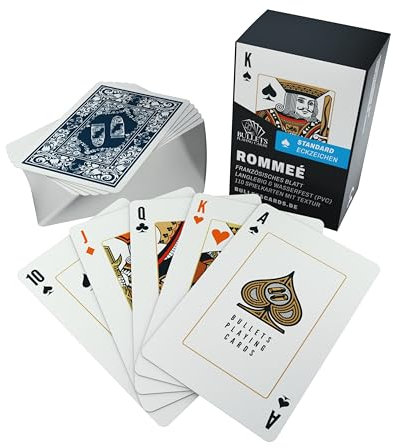 Bullets Playing Cards, Rommé Kartenspiel – 110 wasserfeste Spielkarten aus Kunststoff mit Leinenstruktur (2 x 55) – Rommeekarten mit französischem Bild – langlebiges Kartenset in Aufbewahrungsbox