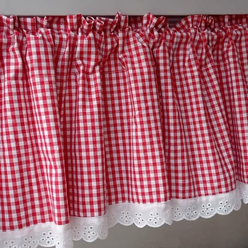 A.Monamour Rideau de Cuisine Court pour Petit Fenêtre Coton Farmhouse Rustique Blanc Rouge Carreaux Vichy Blanc Dentelle Rideau Brise-bise à Disques Panneaux Cantonnières Bistro Café Passe-Tringle