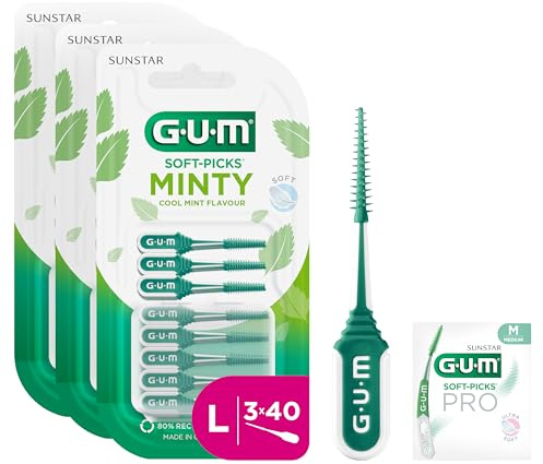 GUM SOFT-PICKS MINTY Palillos interdentales | refrescante sabor a menta | para limpiar los dientes y eliminar la placa | Tamaño L | Multipack de 3x40 (con 1 muestra extra)