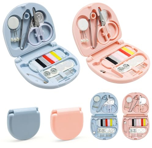 Bcautay 2 Stück Mini Nähprojekt Set Mini Reise Nähset für Heimreisende, anfängerfreundliches Notfall-Nähset DIY-Nähzubehör mit Fadenscherennadel-Knopfnadeln (Blau Und Rosa)