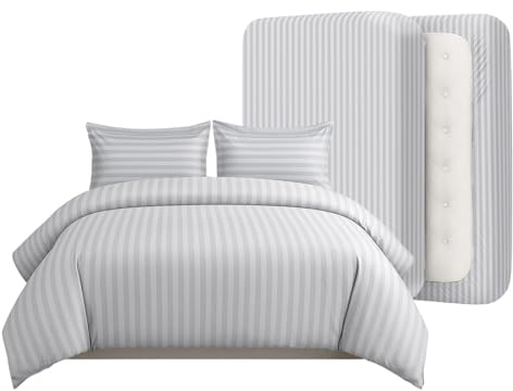 Casabella Duvet Cover Sets - 4 Pc Luxury Super King Duvet Set Brushed Microfiber Duvet Full Set - Duvet Cover, Fitted Sheet & Pillowcase 2 Pack - Soft & Durable Super King Duvet Set - Stripe White