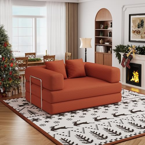 BSHOMGI Folding Sofa Bed, 4 in 1 Convertible Sofas to Lounger Comfy Single Bean Bag Chair Floor Portable Foldable Sleeper Lazy Futon Couch Chair for Bedroom, Living Room (Orange, 53.15 Double Sofa)
