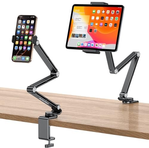 OMOTON Tablet Ständer mit 2 Klemmen für Handy & Tablet, Aluminium, Schwarz | 360° Drehbarer Tablet Halterung Tisch, Handyhalter mit Stabiler Arm für Schreibtisch & Küche, Passend für 4–13 iPad /iPhone