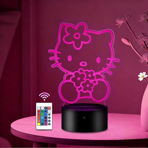 HooJtny Kitty Lampe, Nachtlicht 3D für Kinder Anime mit 16 Farben | Touch & Fernbedienung, USB-Wiederaufladbar, Geschenk für Junge und Fans Zimmer-Deko