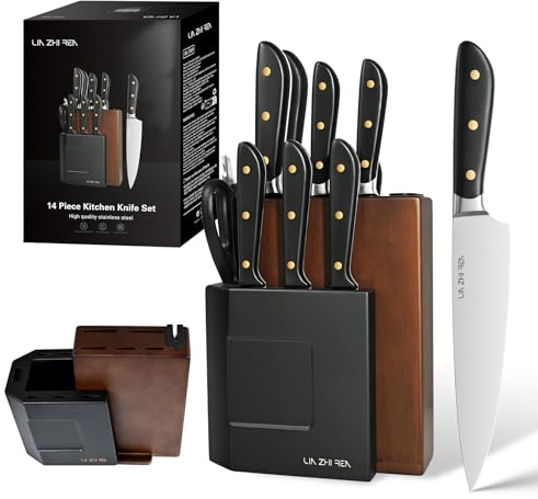LIN ZHI REN Knife Set with Detachable Block, 14 Pieces, Kitchen Knives for Chopping, Slicing, Dicing Cutting and Peeling, Black