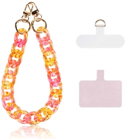 Kilbnom Cordon Telephone Portable Universelle avec 2 Patchs,Bijoux Dragonne de Telephone Bracelet de Téléphone Portable Acrylique Chaine Charm,Compatibles avec des Smartphones,Dégradé Orange-Rouge