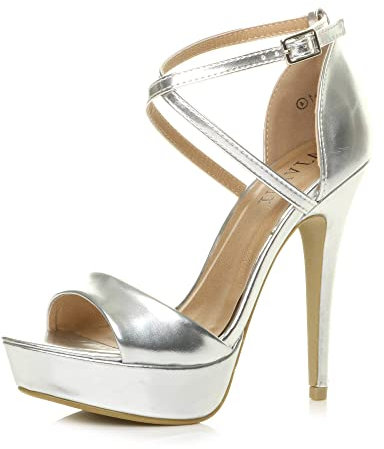 Womens Ladies Platform high Heel Peeptoe Cross Over Strappy Shoes, 6 UK, Silver Metallic