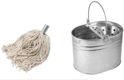 Heavy Duty Metal Galvanised Mop Bucket + 5 Cotton Floor Mop Head Set Strong 14 LTR