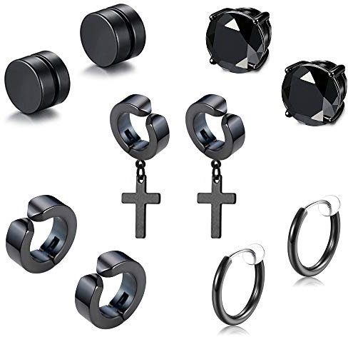Fu You 5 Paare Set Edelstahl Clip Ohrringe Schwarz für Herren Damen, Fake Ohrringe Magnet Herren, Ohrringe Kreuz Herren Damen, Diamant Ohrringe Ohne Ohrloch Non-Piercing creolen Ohrclips Schwarz