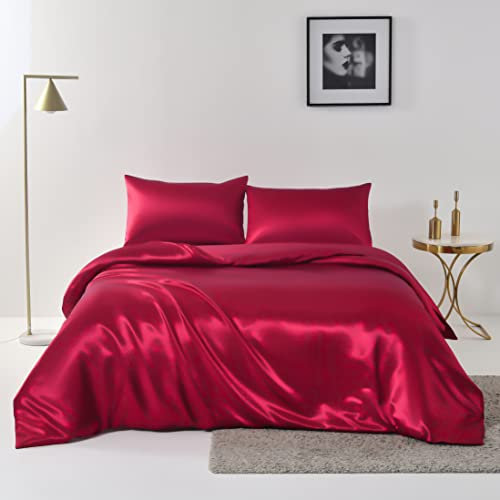 Chanyuan Bettwäsche Set Glatt Satin 135x200 4teilig Weinrot Einfarbig Bettbezüge mit Reißverschluss 100% Angenehm Glanzsatin Polyester - 2 Bettbezüge 135 x 200 und 2 Kissenbezüge 80x80 cm