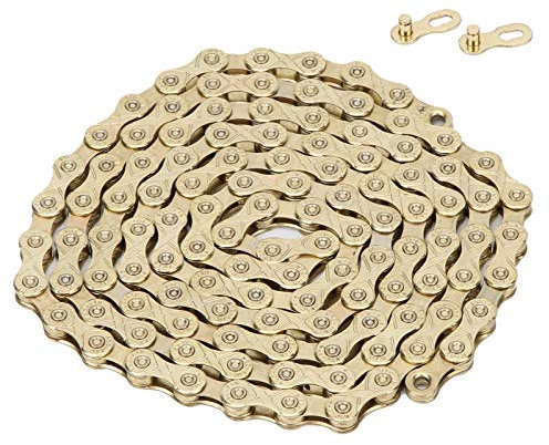 Keenso Fahrrad F10 Ketten, Mountainbike hochfester Stahl 10 Fach Fahrradkette für Mountainbike Rennrad Faltrad 30 Fach Positioniersystem (Gold)