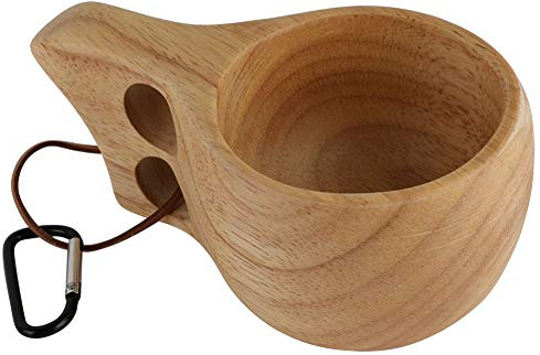 Wood Coffee Mug Handmade Kuksa Nordic Wooden Cup | 2 Hole Grips Ergonomic Handle for Secure Holding, Rubber Wood Drinking Cup for Camping Hiking Tea Room