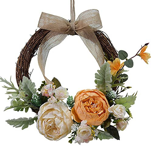 DADEA, Ghirlanda per porte con peonie artificiali, non sbiadisce, da appendere alla porta di ingresso, all’aperto, all’interno, alle pareti o alle finestre in primavera e in estate, arancione, 26 cm