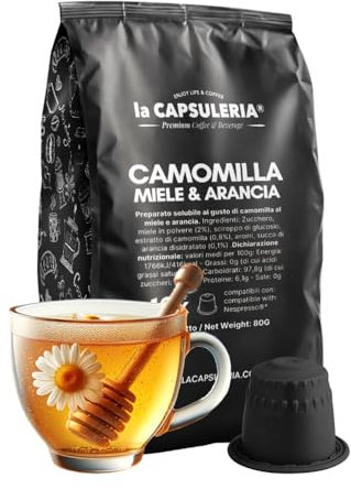 CAMOMILLA MIELE & ARANCIA (80 Capsule) compatibili con Nespresso, 8 box da 10 capsule, bevanda rilassante dal gusto delicato di camomilla con note di miele e arancia, senza glutine (La Capsuleria)