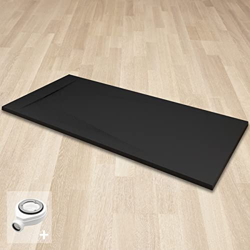 POLAR Receveur de douche noir extra-plat antidérapant texture pierre 80 x 120 cm + bonde