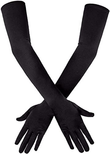 PLATEYTR Damen Lange Handschuhe Satin Classic Opera Fest Party Hochzeit Braut Handschuhe 1920er Stil Handschuhe Elastisch Erwachsene Größe bis Handgelenk Länge(schwarz)