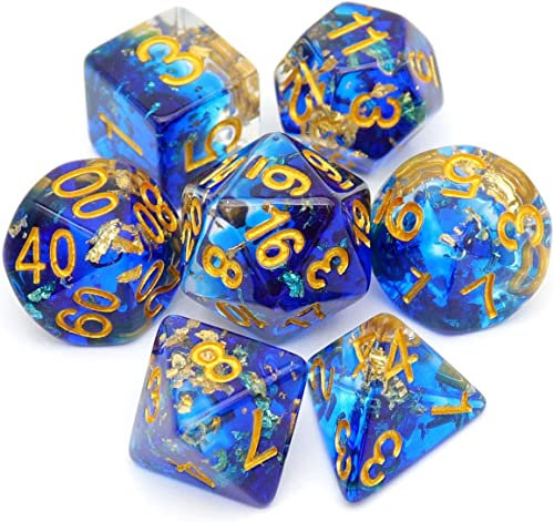 Haxtec DND Würfel Set 7PCS Polyederwürfel für Rollenspiel Würfel Spiele als Dungeons und Drachen-Blaue klare Goldfolie