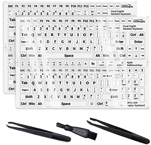 2Pcs Englischer Ersatz-Nicht transparente weiße Aufkleber mit schwarzen Buchstaben (glänzend), passend für Jede Standard-Tastatur, Laptop-Tastatur, Apfeltasten, mit Zwei Pinzette und Reinigungsbürste
