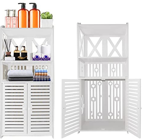 Bathroom Floor Cabinet,Waterproof FreeStanding Bathroom Storage Unit with Daily Use Layer and Cupboard Double Door,PVC Home Organizer,Multi-purpose Cabinet for Store Toilet Paper,Shampoo,40x 25x 90CM