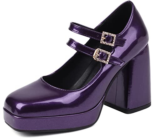 Bviennic Stylish Mary Jane Donna Square Toe Tacco Chunky Pump Plateau con Cinturino alla Caviglia Festa Eleganti Closed Toe Vestito Scarpe Viola Numero 40 Eu-41Cn