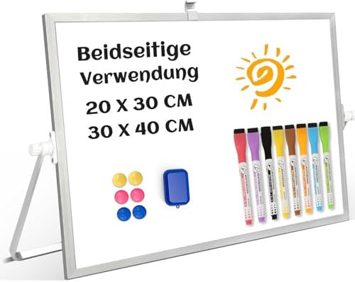 QUEENLINK Whiteboard Magnetisch, Beidseitige Verwendung Desktop Magnettafel klein, White Board Klein mit Ständer 20x30cm Schreibtafel Abwischbar