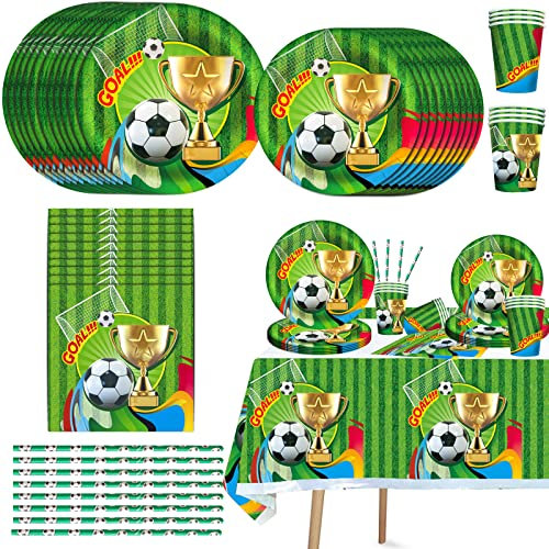 61 Stück Fußball Partygeschirr Set, Weltmeisterschaft Fussball Deko Geburtstag Pappteller Party Set, Fussball Deko Geburtstag Kinder Enthält Teller,Servietten,Tasse,Tischdecke,Strohhalme Für 10 Gäste