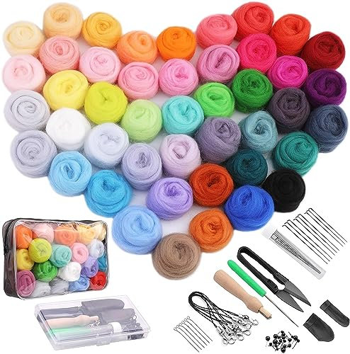 45 Farben Nadelfilz Set, Filz Starterset Filzwolle Nadelfilzen Set mit Filznadeln und Aufbewahrungstasche, Filzwolle Werkzeu für Filzwolle Trockenfilzen DIY Handwerk