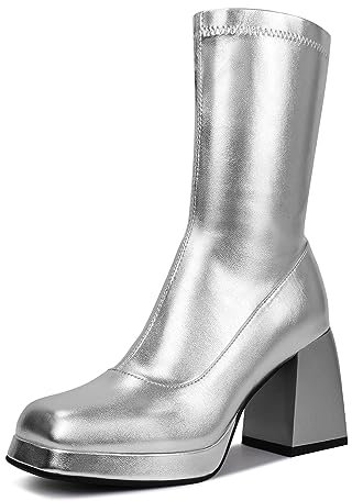 JEDKARAR Gogo-Stiefel für Damen, mit quadratischer Zehenpartie, seitlichem Reißverschluss und klobigem Absatz, frech und blendend, silber, 38 EU