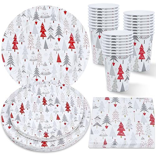 ZVK Vajilla de fiesta, Juego de Platos, Servilletas, Vasos Árbol de Navidad blanco 96 piezas Juegos de vajilla para fiestas de papel Juegos de cubiertos desechables para Navidad, Año Nuevo