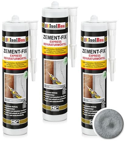Isolbau Zement-Fix 3 x 300 ml Betongrau Express Reperaturmörtel - Dichtungsmasse für Fugen & Risse im Innen- & Außenbereich, Kartusche