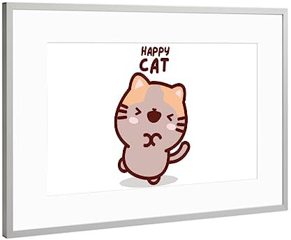 artboxONE Poster mit Rahmen Silber 75x50 cm Süße Kawaii glückliche Katze von Unwind Illustrations - gerahmtes Poster