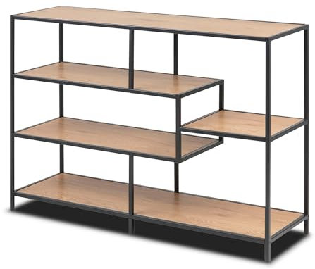 KHG asymmetrisches Regal, modernes Wandregal im Industrial Style, Standregal mit Metallgestell, Größe:114 x 78 x 35 cm, Holzwerkstoff foliert in Wildeiche, Korpus aus Metall pulverbeschichtet