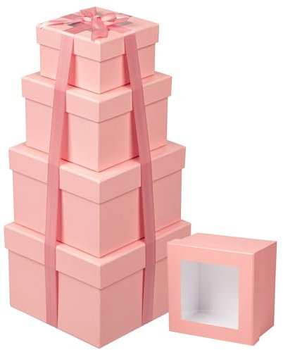 Briful Lot de 4 boîtes cadeaux carrées avec ruban, boîtes cadeaux roses avec couvercles transparents, petites boîtes de rangement en carton de tailles assorties, adaptées pour les cadeaux, les travaux