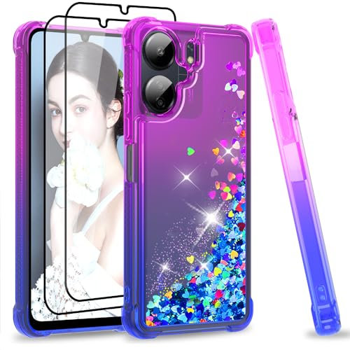 LeYi Funda para Xiaomi Redmi 13C/13 c 4G/5G/Poco M6/Poco C65 con [2-Unidades] Cristal Templado Protector Pantalla, Silicona Brillante Carcasa, Transparente TPU Case Cover, Morado/Azul