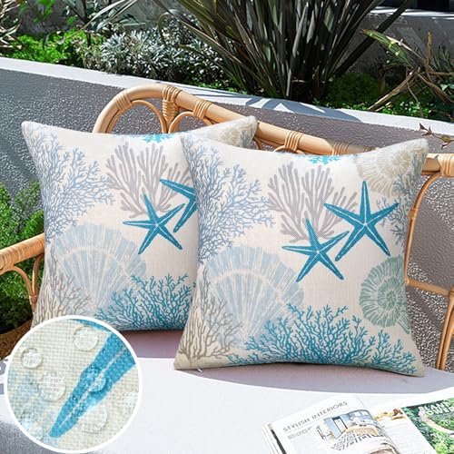 Kissenbezüge 40X40 Outdoor Kissen Wetterfest Kissenbezug Blau Seestern Kissenhülle 2 Stück Dekorativ Leinen Kissenbezug Marine Leinen Kissenhüllen für Garten Terrasse Vorbau Balkon Sofa Kissen