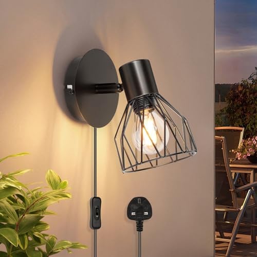 Kimjo Plug in Wall Lights for Bedroom - Wall Light Plug in Wall Lamp with Switch and Cable - Wall Lighting Fixtures 350° Rotatable Wall Sconce Lights E14 - Black Wall Light for Living Room No Bulb