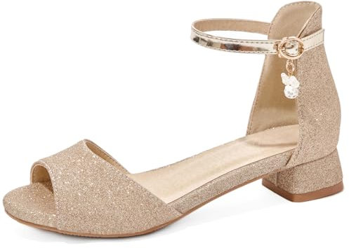 OALEEN Sandales Nu-pieds Femme Eté Petit Talon Carré Bride Cheville Paillettes Chaussures Bout Ouvert Soirée Mariage Dorée 33