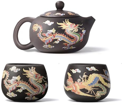 Hormsdar Handgefertigtes Zisha-Teeset mit Drachen und Phönix, farbwechselnd, Violett, Ton, Kung-Fu-Teekanne, Geschenk für Teeliebhaber (Teekanne + 2 x Teetassen)