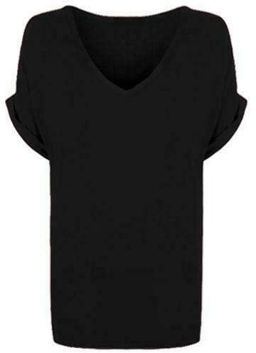 Shop Nova® Women's New Plus Size Womens Short Turn Up Sleeve Baggy Plain Top Ladies V-Neck T-Shirt 8-26 (Black, 16)