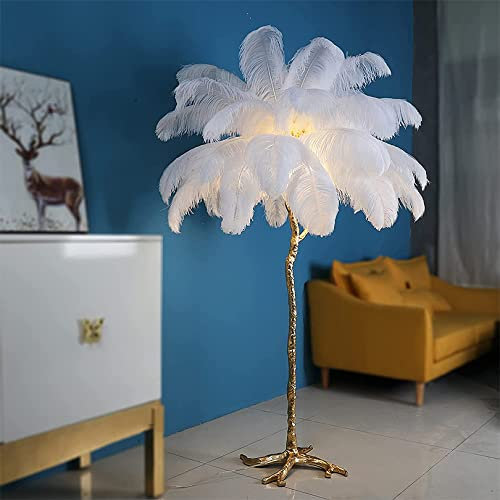 Lampe sur pied en plumes d'autruche véritable, lampe sur pied en plumes de palmier pour le salon, abat-jour en plumes d'autruche blanches, lampes sur pied LED pour le salon, adolescentes et filles