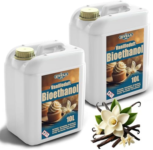 ZIVELA Bioéthanol 96,6 % 20 l | Alcool bio parfum vanille 96,6 % 2 x 10 l | Cheminée au bioéthanol | Parfum vanille | Combustion propre, sans fumée, flamme vive
