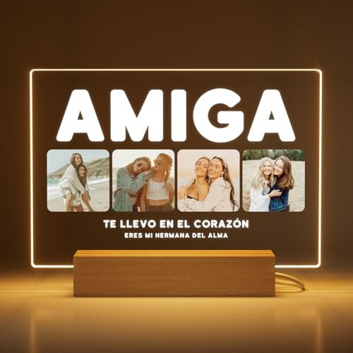 Greatminer Marco Personalizado Amiga con Fotos y Frase - Regalo Amiga - Metacrilato 18x14cm con Base LED Opcional