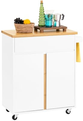SoBuy Küchenwagen mit Arbeitsplatte Servierwagen mit Rollen Rollwagen Küche Kücheninsel Küchenschrank Für Küche, Wohnzimmer, Esszimmer Weißnatur BHT ca. 74x85x40cm FKW125-WN