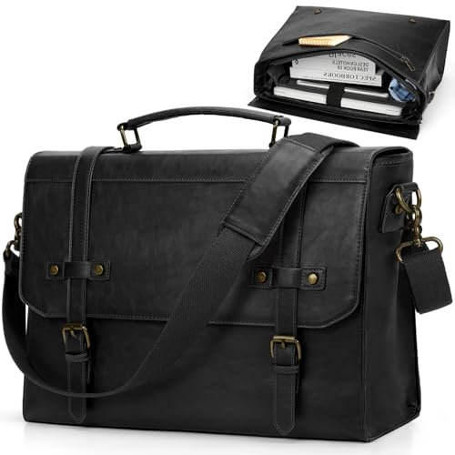 RAINSMORE Messenger Bag Leather Laptop Bag 17.3 Inch Vintage Briefcase for Men Waterproof Satchel Shoulder Bag for Work Office Business College Black